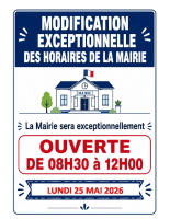 Horaires mairie lundi 25 mai 2026